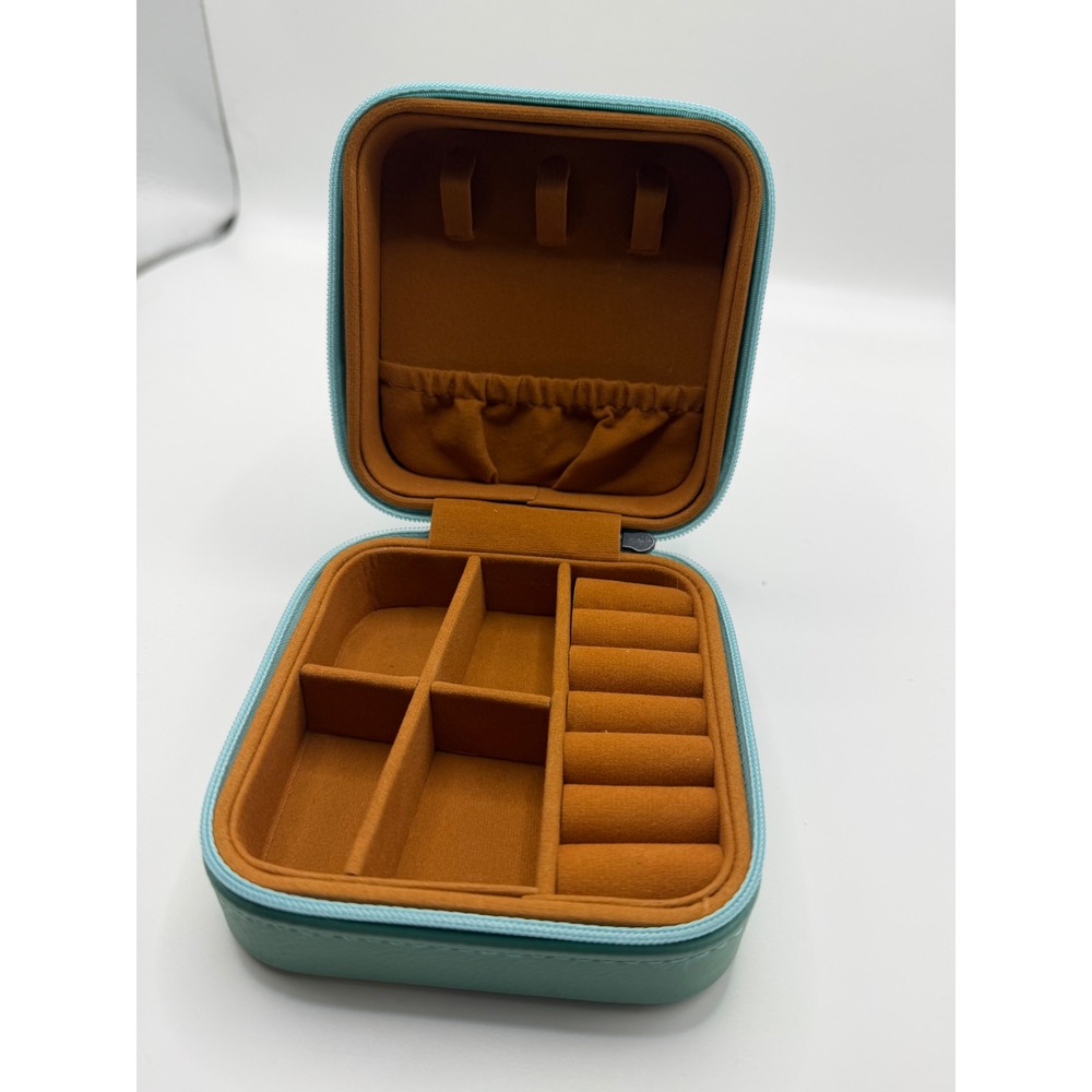 Personalized Katie Teal Travel Jewelry Box Floral Daffodil Small Zip Square Case